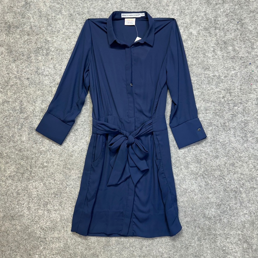Gretchen Scott Breezy Blouson Chiffon Dress Womens Small Navy Blue Tie Waist NEW
